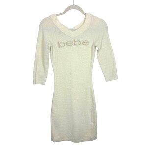 Bebe Cream Women’s XS Rhinestone Logo Sweater Dress Y2K V-Neck 3/4 Sleeve